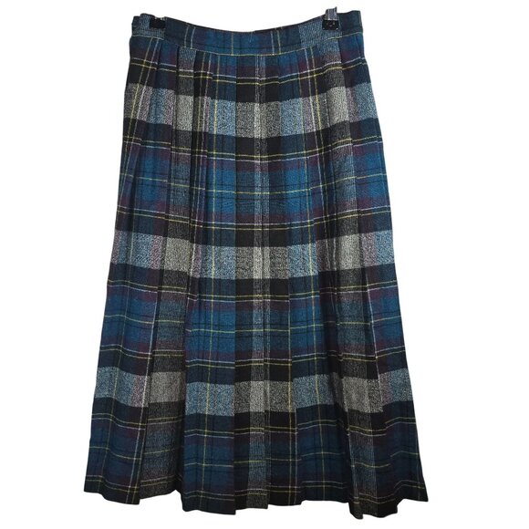 Vintage 70's Marilyn Togs Tartan Plaid Blue Mid 1" Pleat Knee Length MIdi Skirt - Picture 5 of 7
